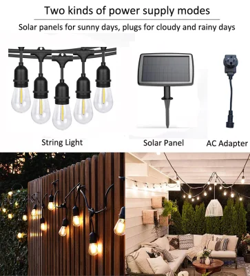 48FT S14 Solar Outdoor in Holiday Lighting Garden Powered String Lights avec ampoules LED Edison