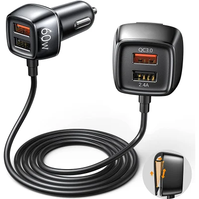 Chargeur de voiture USB 4 ports Charge rapide QC3.0 Câble d'extension de 5,6 pieds Enregistreur de conduite de téléphone portable Charge rapide